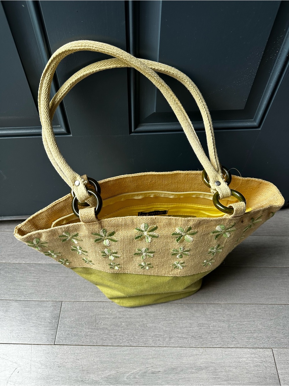 Women’s Jute Cottage Green Floral Canvas Summer Beach Tote Bag Purse Pool